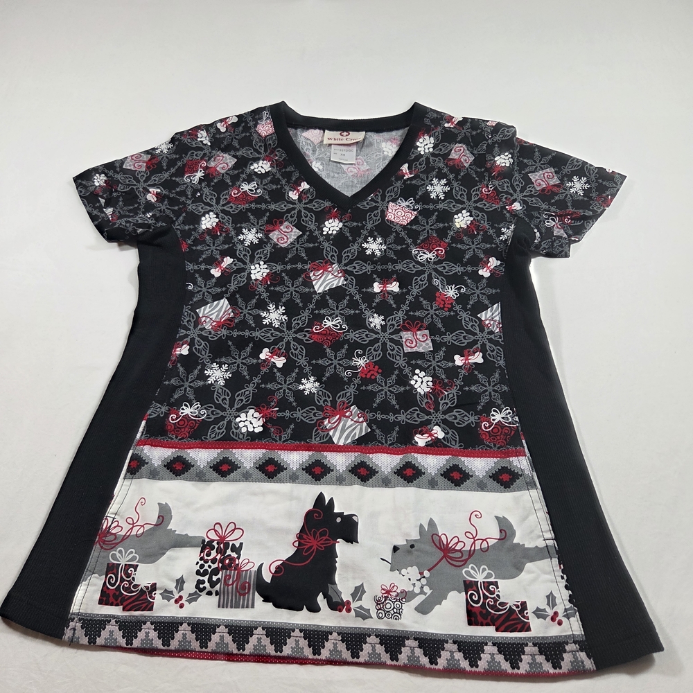 White Cross Top Scrubs Black and Pink Patterned Top X Small Nurse Uniform